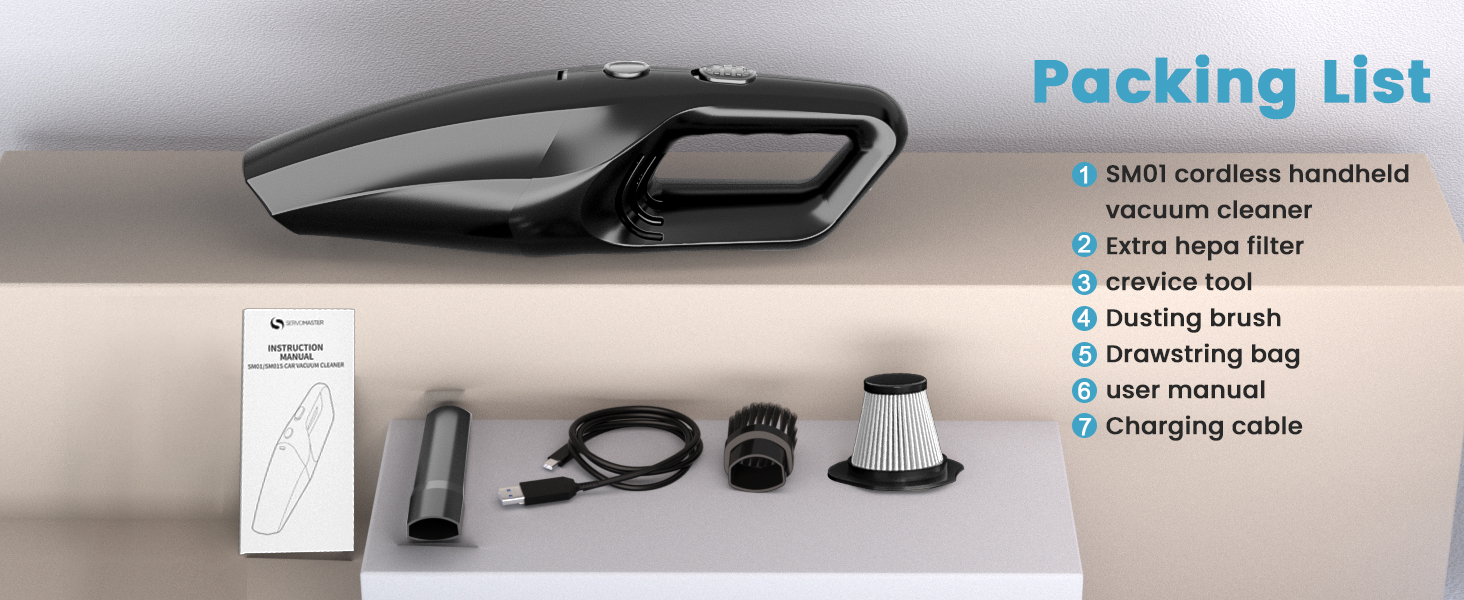 Cordless handheld vacuum cleaner with accessories. Black and silver device shown with charging cable, filters, crevice tool, dusting brush, and user manual. Packing list visible in blue text.