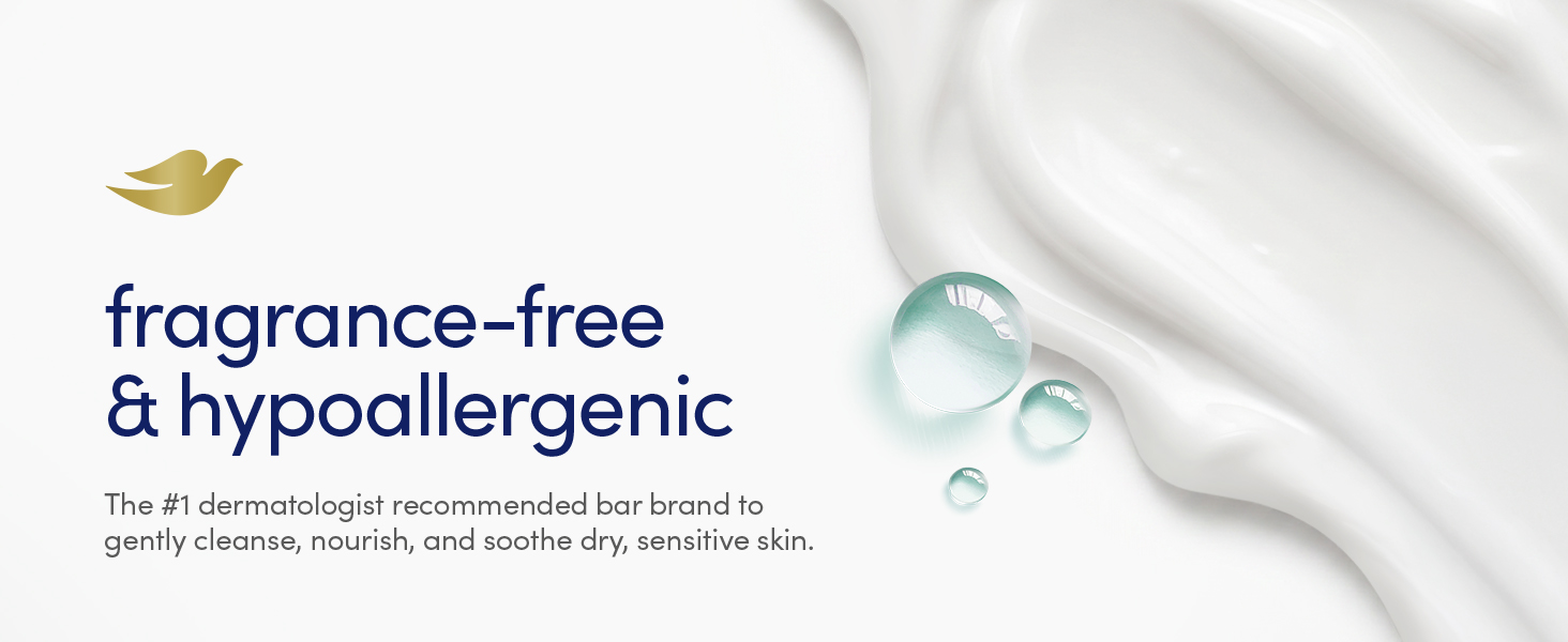 Creamy texture swatch with blue serum droplets and fragrance-free, hypoallergenic formula messaging