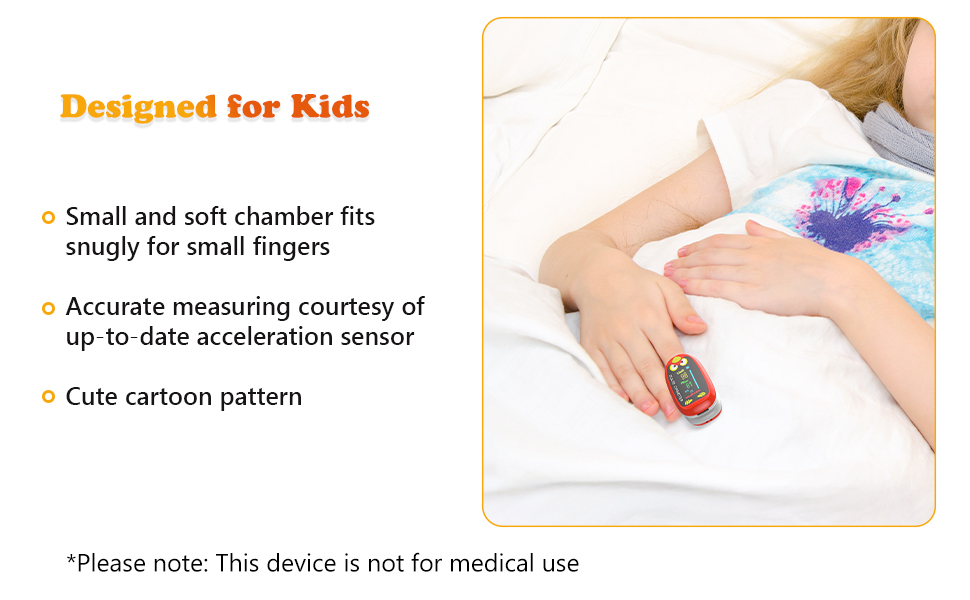 Small, colorful finger device for kids with cartoon pattern. Features soft chamber and acceleration sensor for measuring. Child's hand shown wearing device on finger.