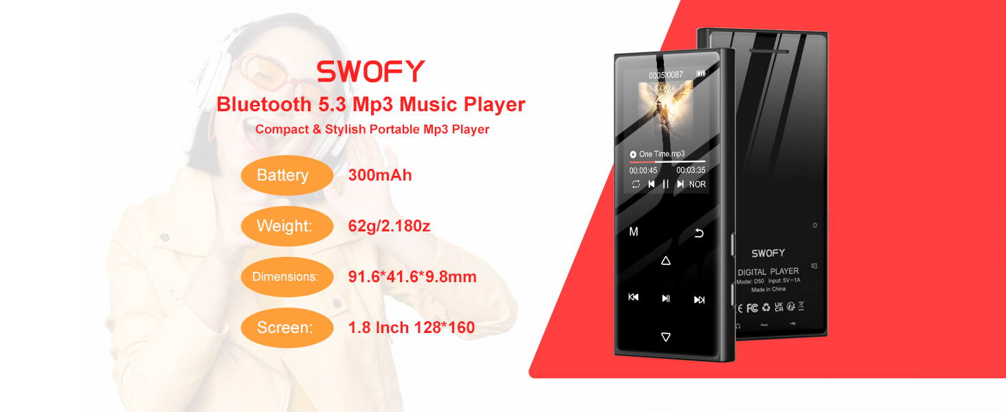 Portable MP3 player with 1.8 inch screen, 300mAh battery, and Bluetooth 5.3. Device shown in black with touch controls and slim profile measuring 91.6x41.6x9.8mm.