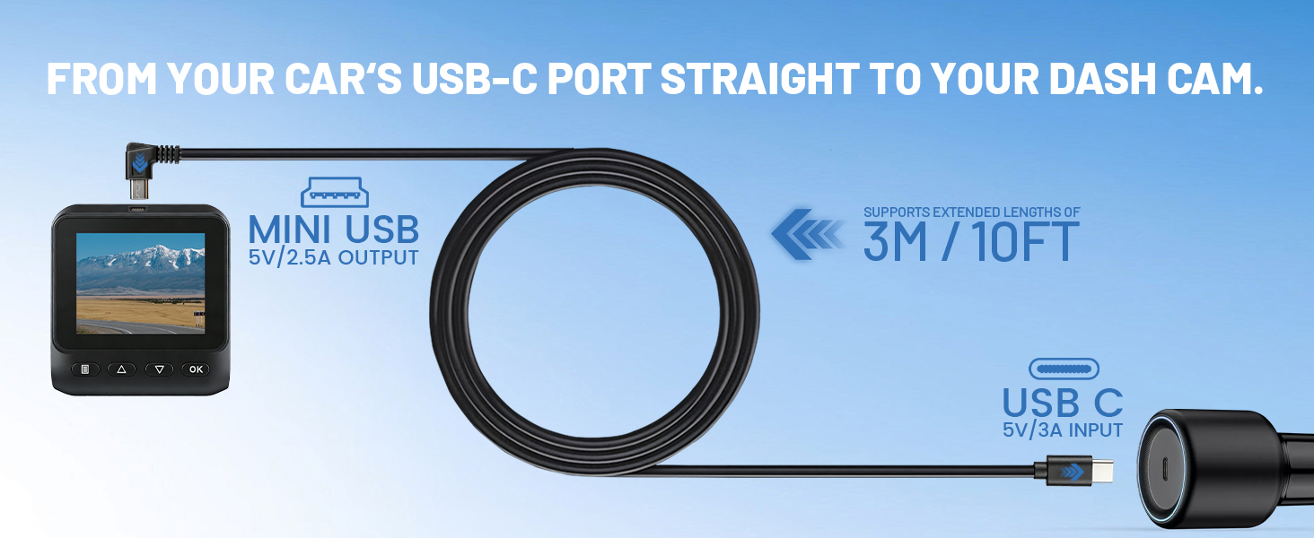 type c usb-c usb c to mini usb mini-b dash cam cable cord power supply charging adapter