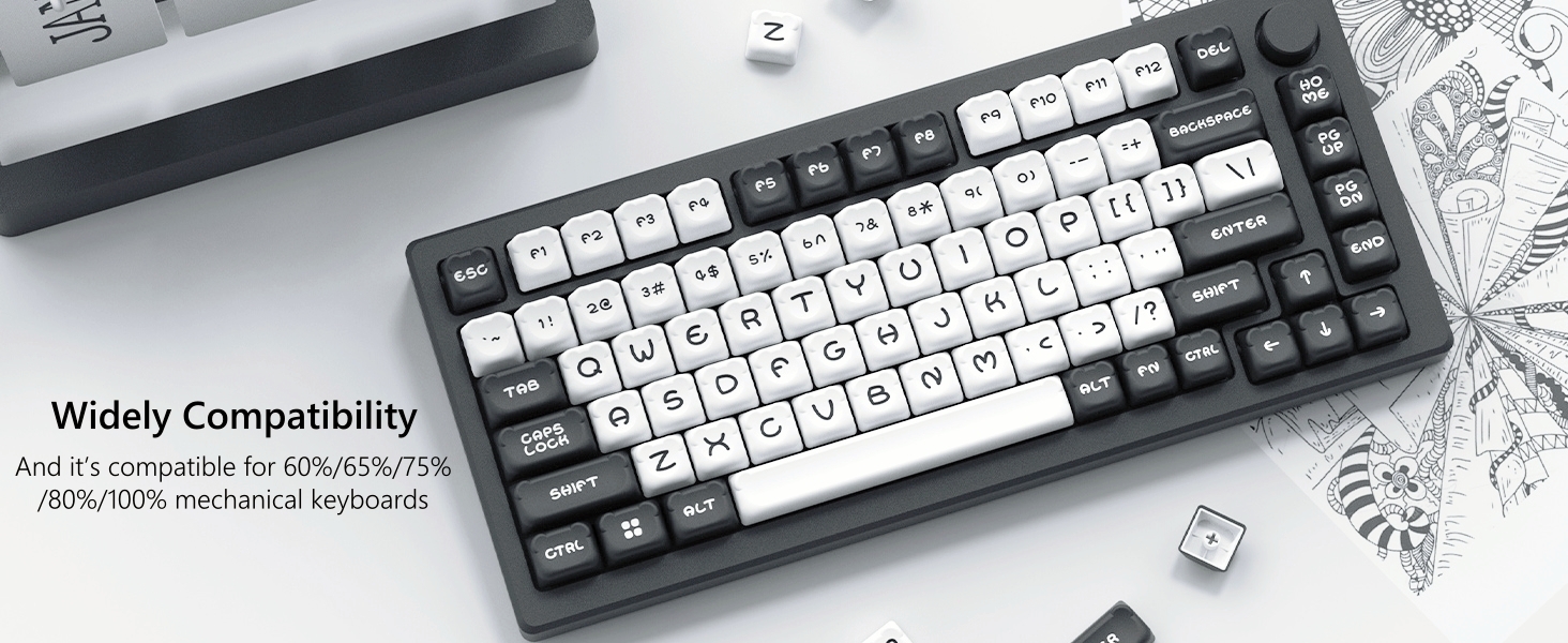 Womier MOA Keycaps-PBT Keycaps 75 Percent, White and Black Key cap