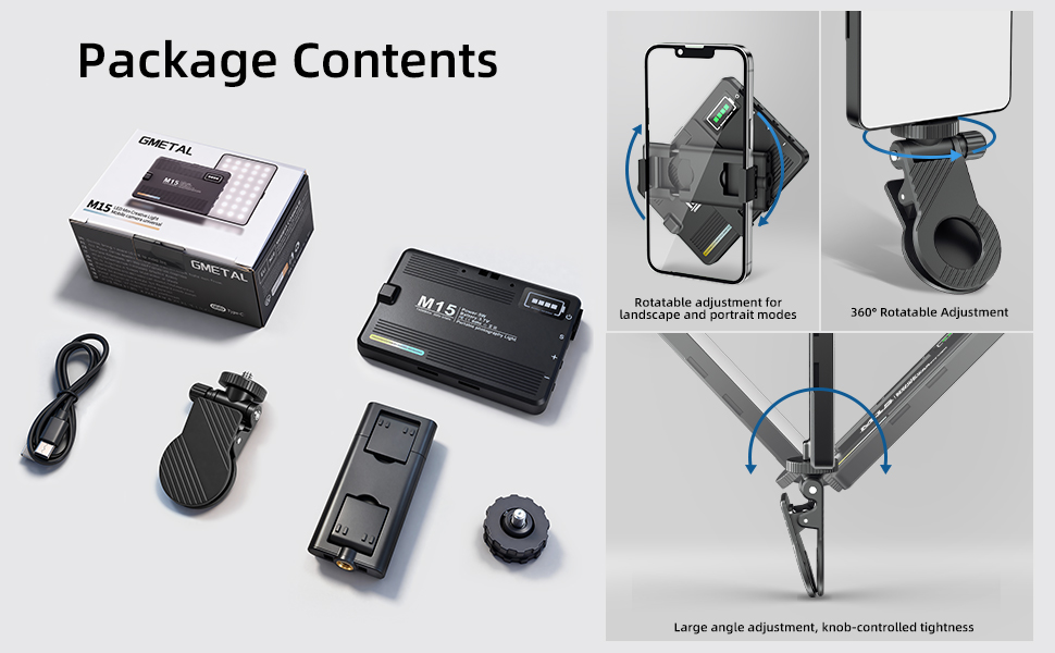 1* LED Video Light, 1* Clip, 1* USB-C Cable, 1* 1/4&amp;#39;&amp;#39; Nut Adapter, 1* Hot Shoe Mount