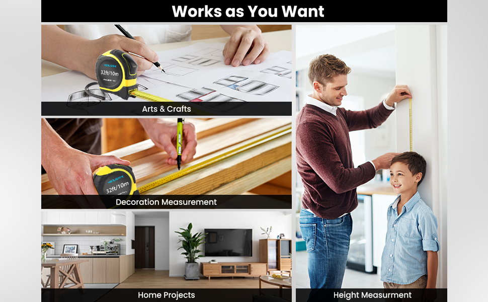 Text reads 'Works as You Want'. Series of images showing hands measuring and working with what appears to be construction or crafting materials.