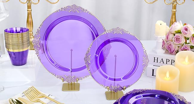 Purple and gold dinnerware set