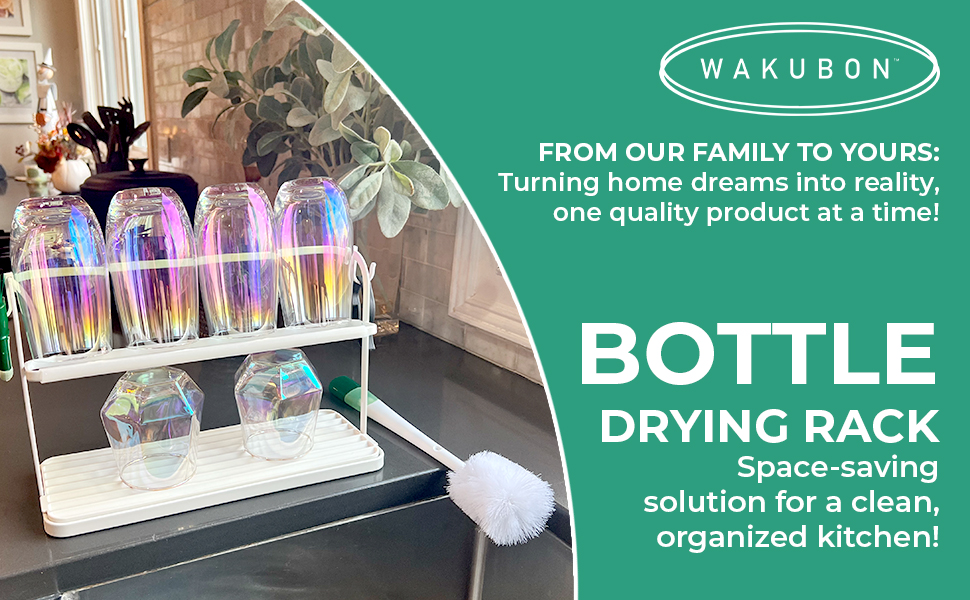 Two-tier bottle drying rack holding four glasses on the top tier and two on the bottom tier