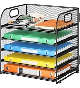 Lavatino 5 Tray Desk File Organizer, Black Mesh Paper Sorter Letter Tray Organizer with Handle, D...