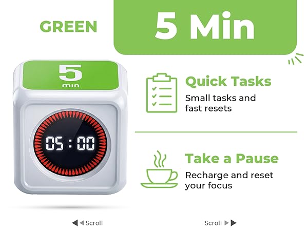 5 minute preset timer for quick tasks and short breaks