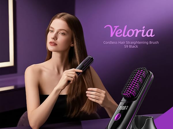 Veloria S9 Black cordless straightening brush with dock, LED display, and 3 heat settings.
