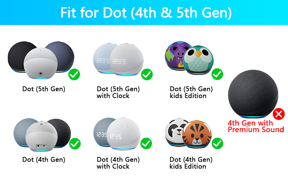Compatibility chart for various Echo Dot models, showing 4th and 5th generation devices with checkmarks and one crossed out.