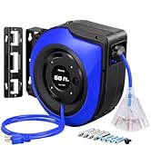 DEWENWILS Retractable Cord Reel, 60FT Heavy Duty Extension Cord, 12AWG/3C SJTOW, 3 Grounded Outle...