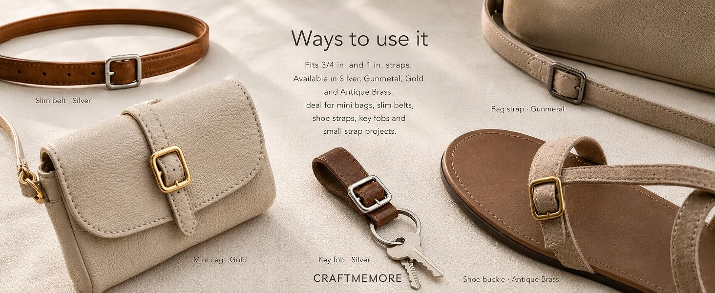 Center bar buckles used on slim belts mini bags shoe straps and key fobs