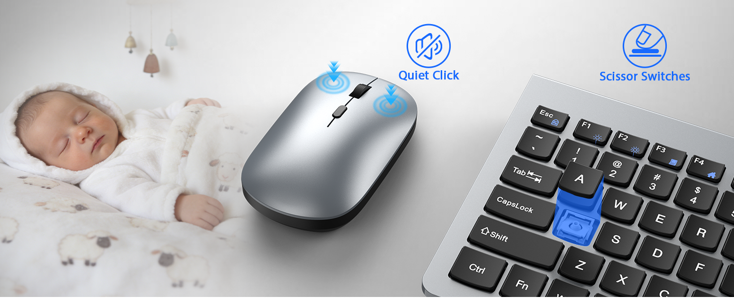 Wireless Keyboard and Mouse Combo, Ultra-Slim Full Size Silent Ergonomic Keyboard Mouse