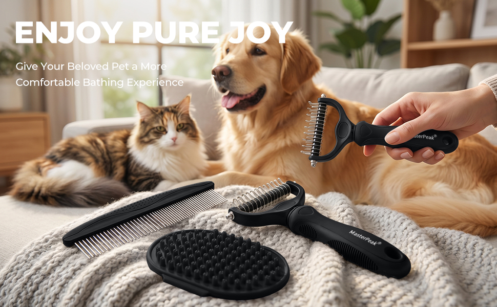 Grooming Kit with Rake, Metal Comb and Brush