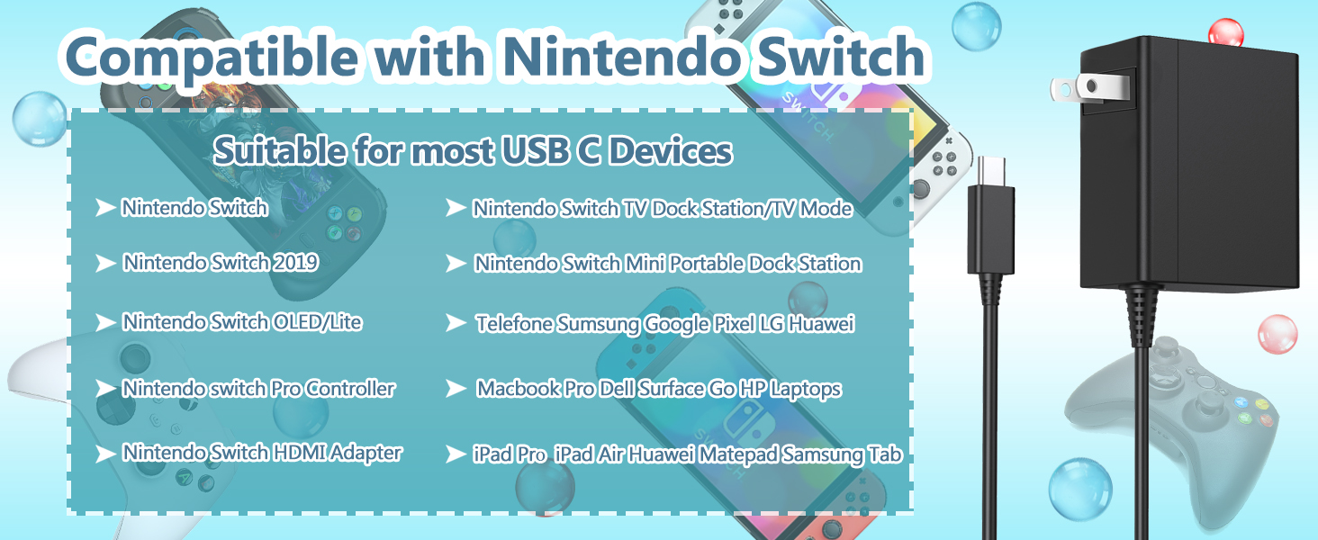 Switch charger, Switch AC Adapter with Switch Lite/Switch OLED/Switch Pro Switch Dock
