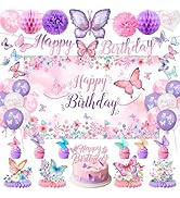 Butterfly Birthday Decorations Includes Backdrop, Banner, Hanging Swirls, Foil &amp; Latex Balloons, ...