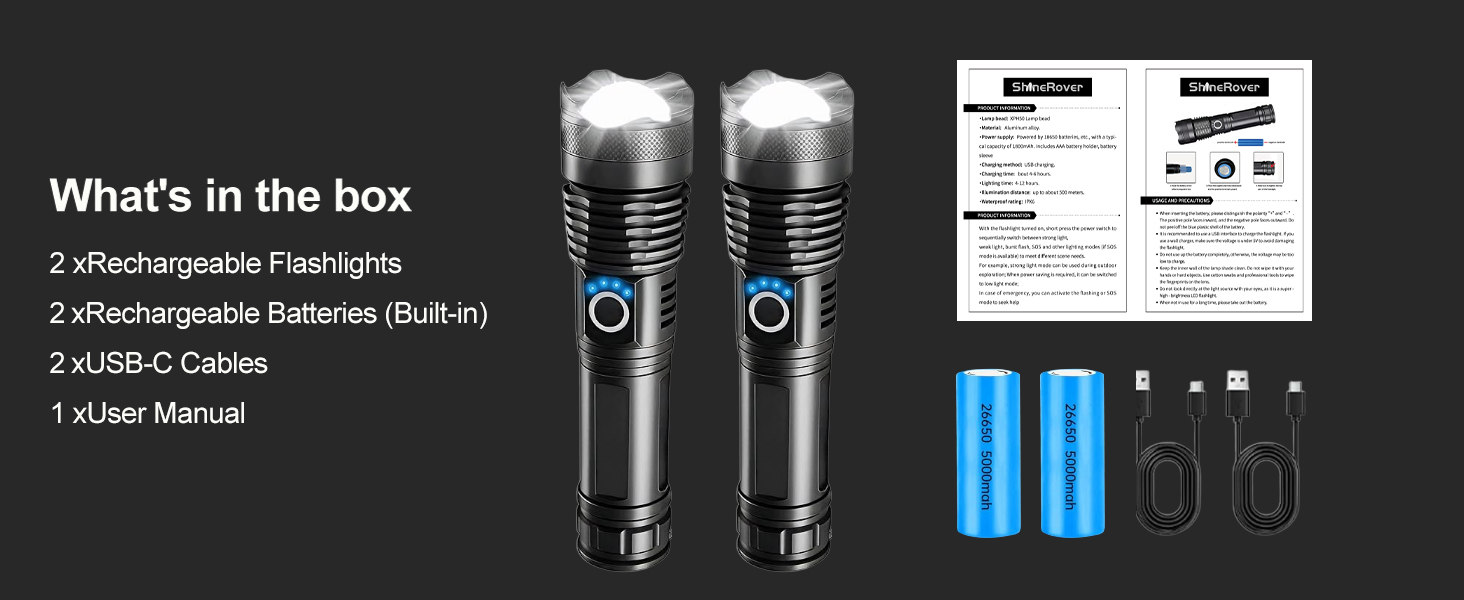 HIGH LUMENS RECHARGEABLE FLASHLIGHTS 2 PACK
