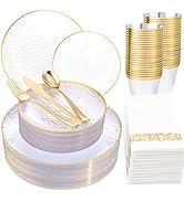Rubtlamp 175 Pcs Plastic Dinnerware Set (25 Guests), Clear And Gold Plastic Plates, Hammered Part...