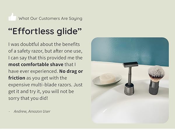 Safety razor set featuring a metallic handle with brush and stand. Product testimonial displays highlighting comfortable shaving experience.