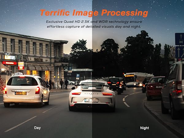 Split image demonstrating day/night camera performance on a city street with cars and buildings, highlighting image processing technology capabilities.