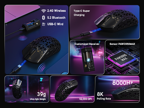 Ultra-Lightweight Nordic 52840 Chip, 2.4GHz Wireless/BT/Wired, for PC/Xbox/PS/Mac