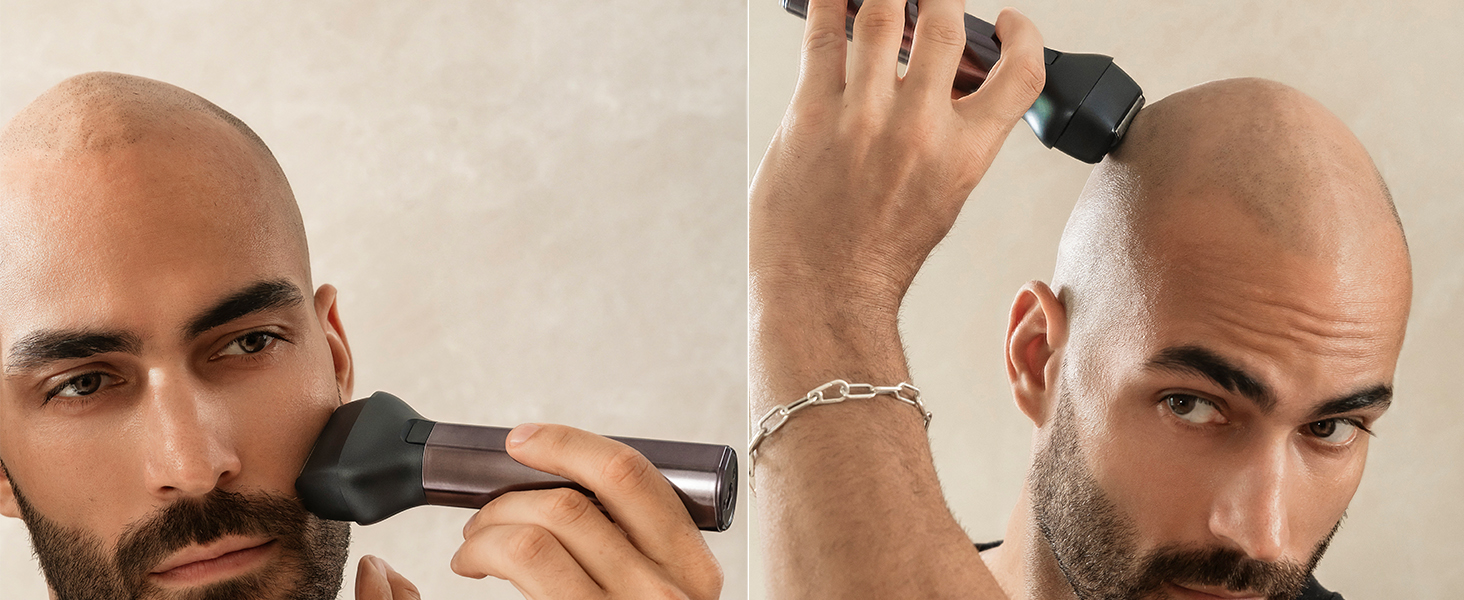Split image showing electric beard trimmer being used on facial hair, demonstrating trimming technique from two angles.