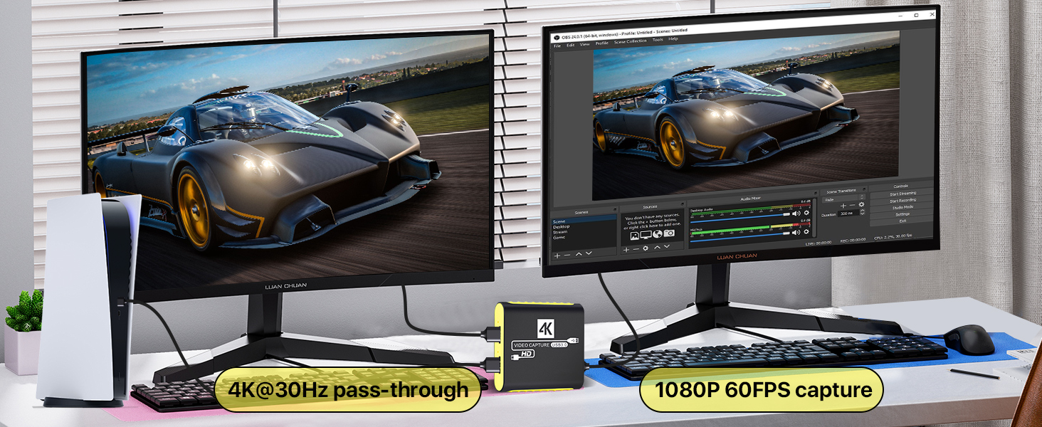 Dual screens (game+OBS) + 4K capture card: 4K@30Hz pass-through, 1080P 60FPS