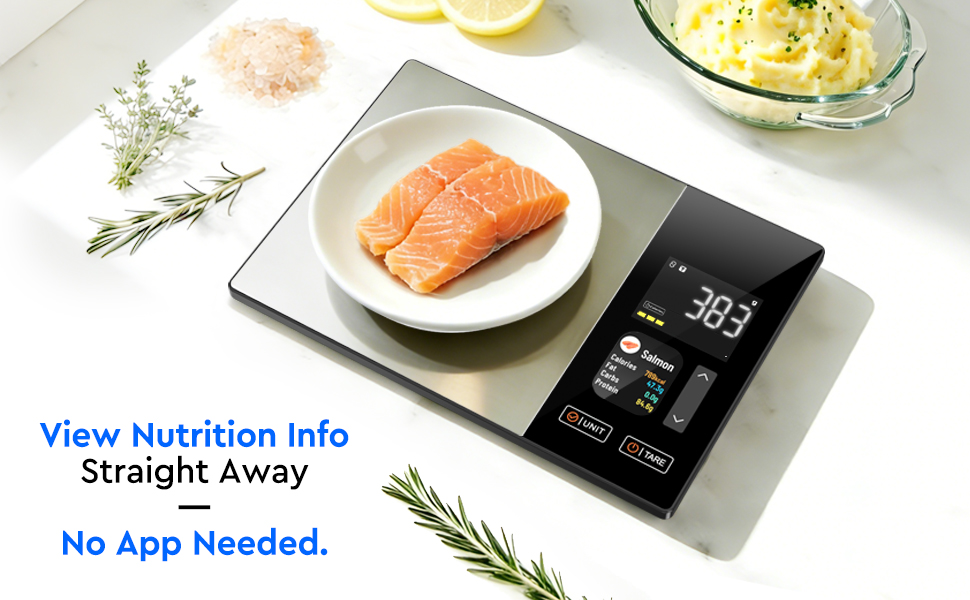 Text reads: 'View Nutrition Info Straight Away No App Needed.' Digital kitchen scale with salmon fillet on white plate, herbs and lemon garnish.