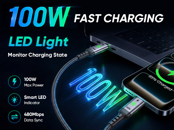 USB C to USB C Cable with led light shows charging state