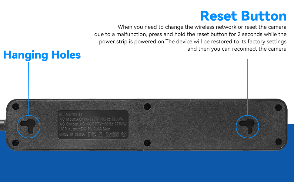 Reset button and hanging hole