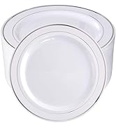 bUCLA 100Pieces Silver Plastic Plates-10.25inch Silver Rim Disposable Dinner Plates-Ideal for Wed...