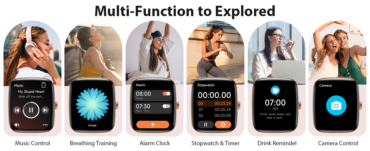 Android and iPhone compatible smartwatch with weather, music, calendar, alarms, and reminders