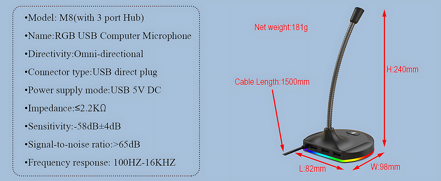 Blapsuro M8 USB Computer Microphone with Mute Button and RGB Lighting,Plug&amp;amp;Play Mic