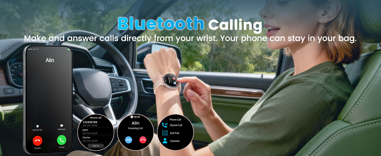Text reads 'Bluetooth Calling'. Dashboard display showing interface for Bluetooth calling feature with circular icons for call controls.