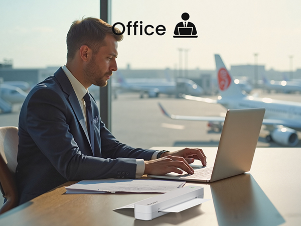 Text reads 'Office'. Series of office setting images showing professional workspace with laptop usage and business attire in modern office environment.