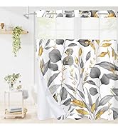 Litabel No Hooks Grey Gold Plant Leaves Shower Curtain Set with Snap-in Liner, Hotel Tropical Flo...