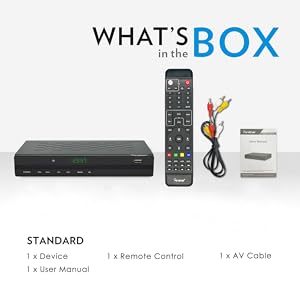 What's in the Box - 3500STBIII Converter Box, Remote, AV Cable, and User Manual