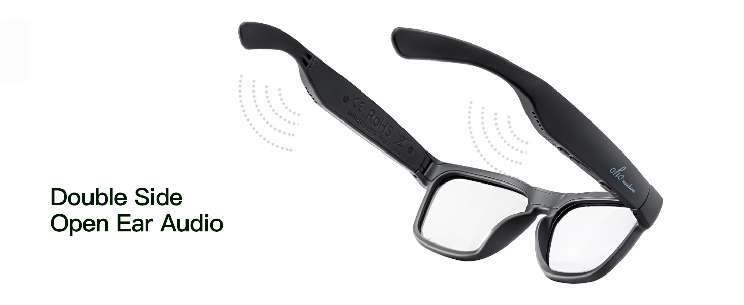 Smart glasses with black frames featuring open-ear audio technology, shown with wireless signal indicators in the product image.