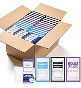50 Sets 4-IN-1 Hotel Toiletries Bulk Set,200 Pcs 0.35 oz each Packets Shampoo,Conditioner, Body W...