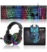 Gaming LED Keyboard Mouse Headset and Mousepad Bundle, CHONCHOW Wired Rainbow LED Light Up Gaming...
