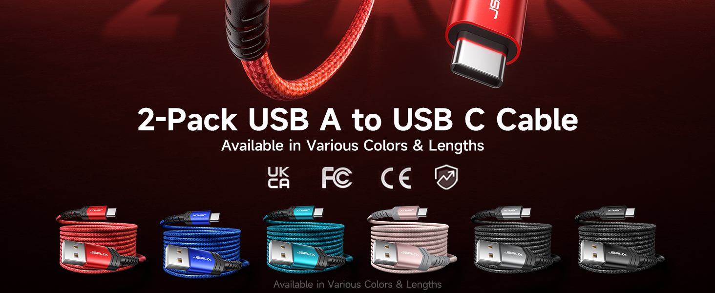 JSAUX 2-Pack USB A to USB C Cable: Durable nylon braided design for safe charging and data sync.