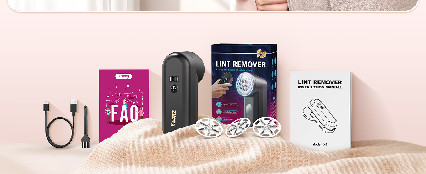Lint remover set including electric device, manual rollers, and instruction booklets. Products displayed on a light-colored surface.