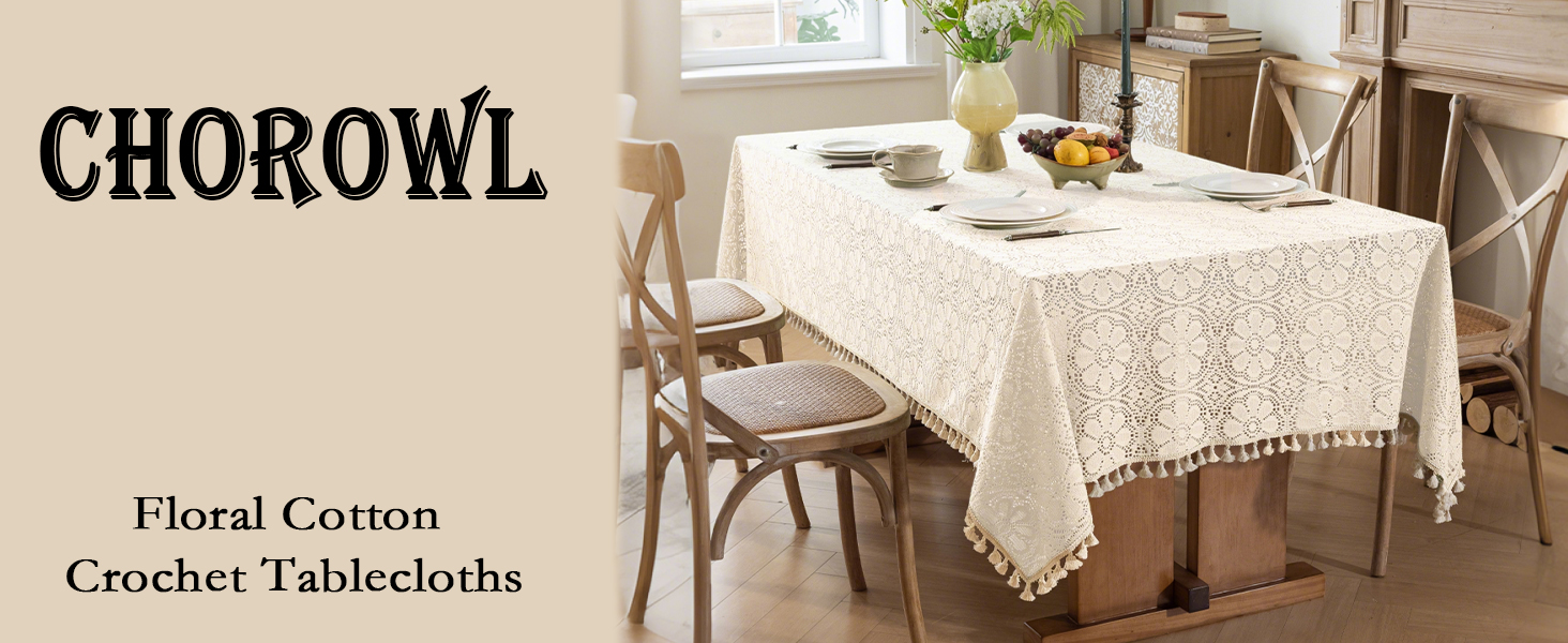 Boho Crochet Tablecloth Rectangle FarmhouseEmbroidered Cotton Tassels Vintage Floral Wedding Holiday