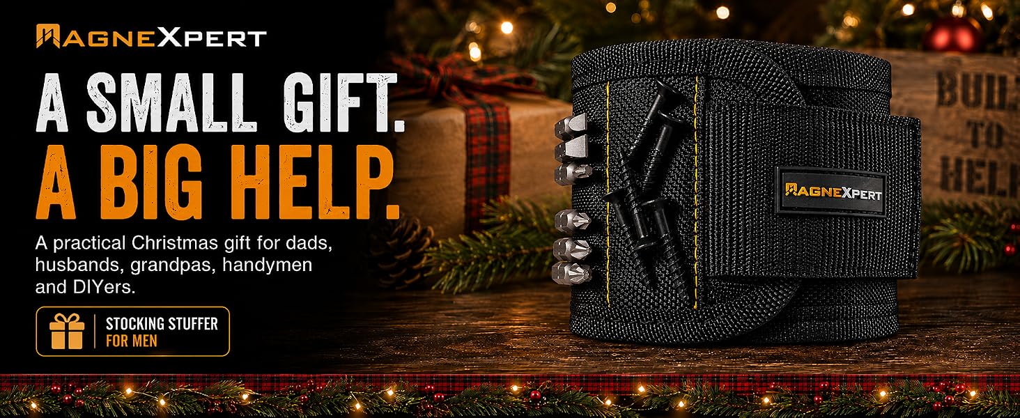 magnetic wristband beside a Christmas stocking as a practical stocking stuffer gift for men.