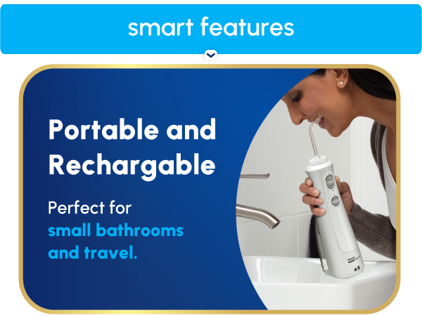 Image of Waterpik flosser and reservoir with text reading portable &amp; rechargeable.
