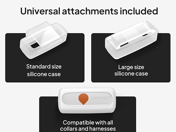 Text reads 'Universal attachments included' with product comparison showing white silicone cases in different sizes, displayed on black background with descriptive text.