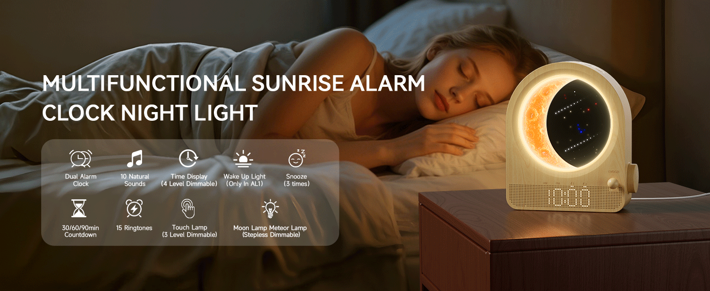 Multifunctional sunrise alarm clock with night light feature. Circular display with warm glow, multiple function buttons below. Shown on bedside table with sleeping person in background.