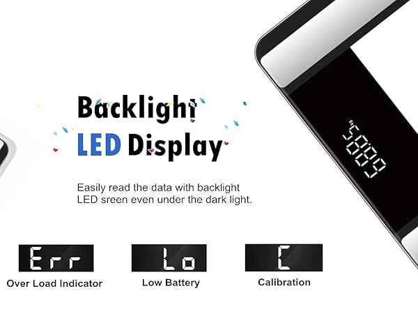 Digital scale with LED backlit display, showing multiple display modes and measurement features. Black and white design with clear screen interface.