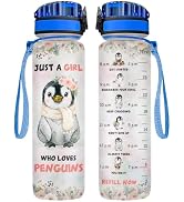 34HD Penguin Water Bottle with Time Marker &amp; Straw 32oz, Just a Girl Who Loves Penguins, Floral A...