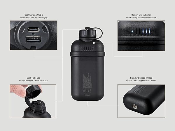 fast charging usbc port seal tight cap battery life indicator tripod thread